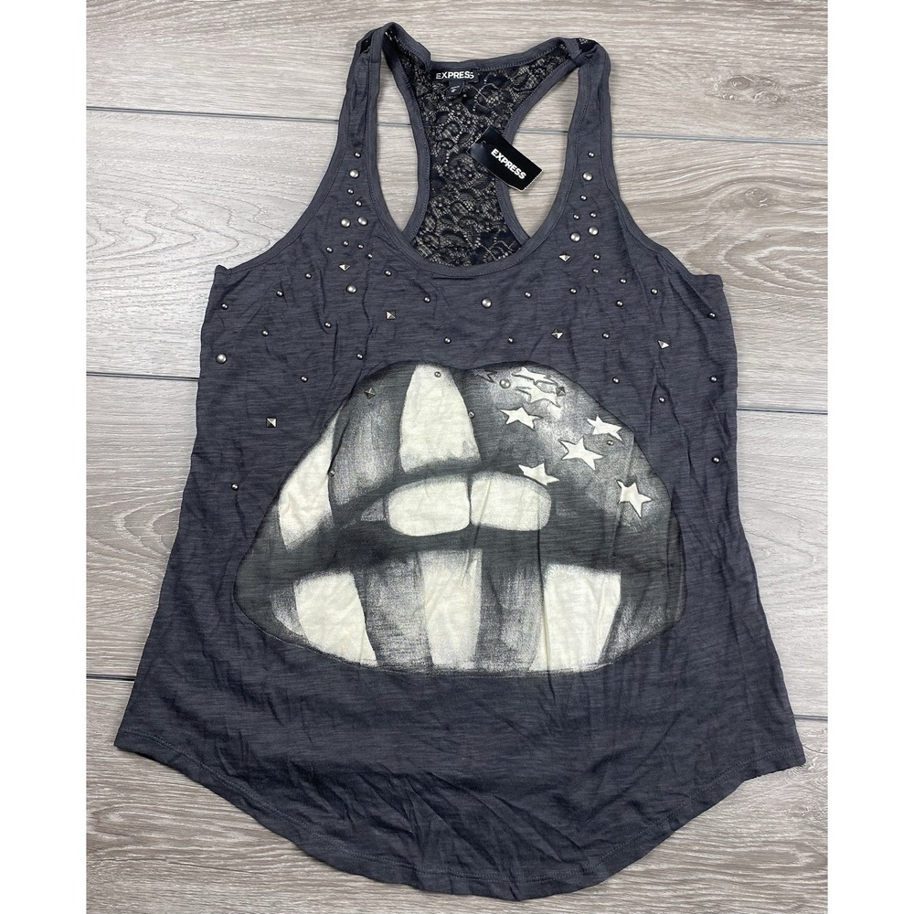 Express Women's Sleeveless USA Flag Lips Graphic Tank Grey Size Medium New - Picture 2 of 8